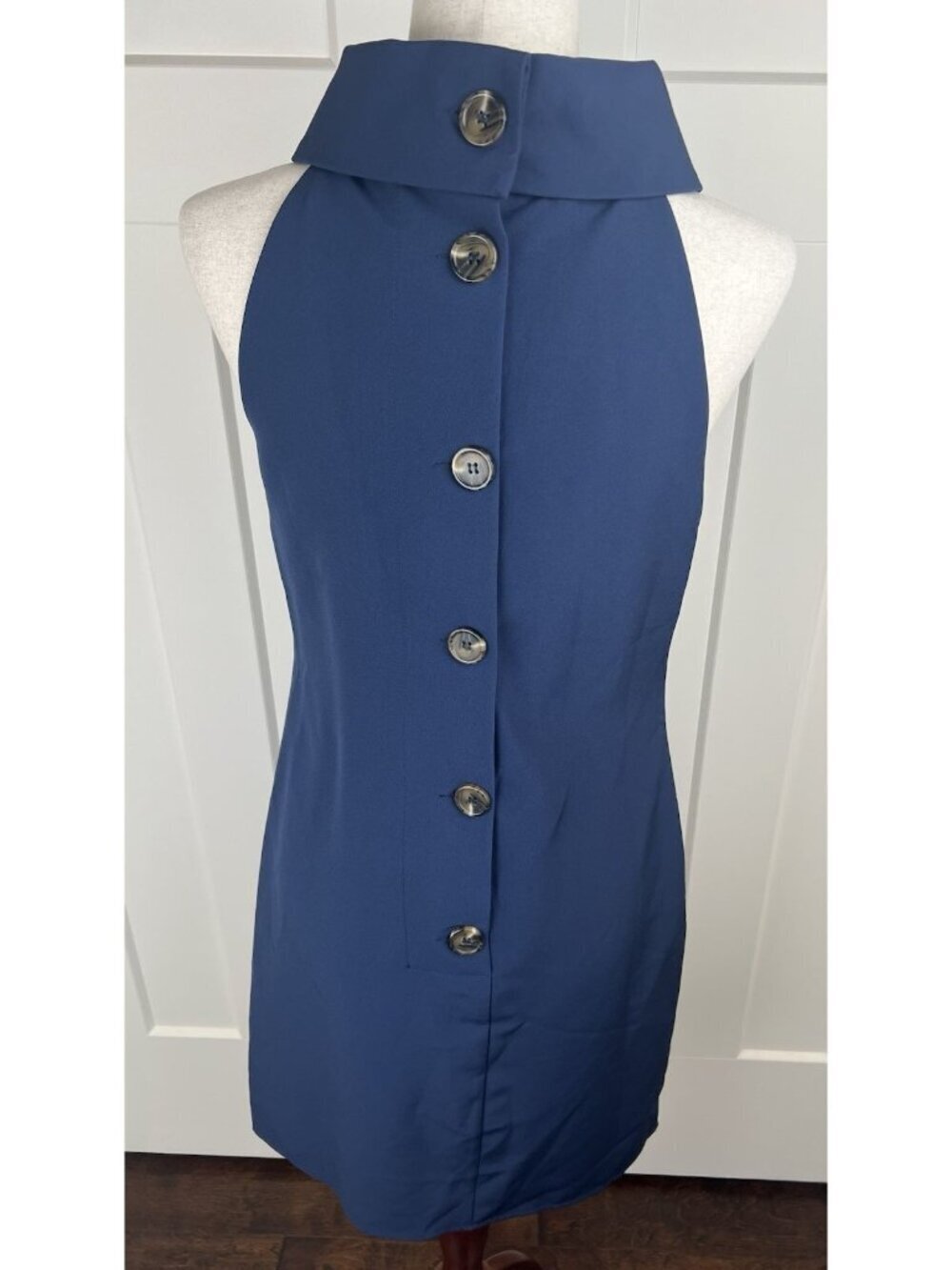 Sail to Sable Navy Dress XS High Neck Draped Collar Button Back Lined Preppy NWT - Picture 8 of 13